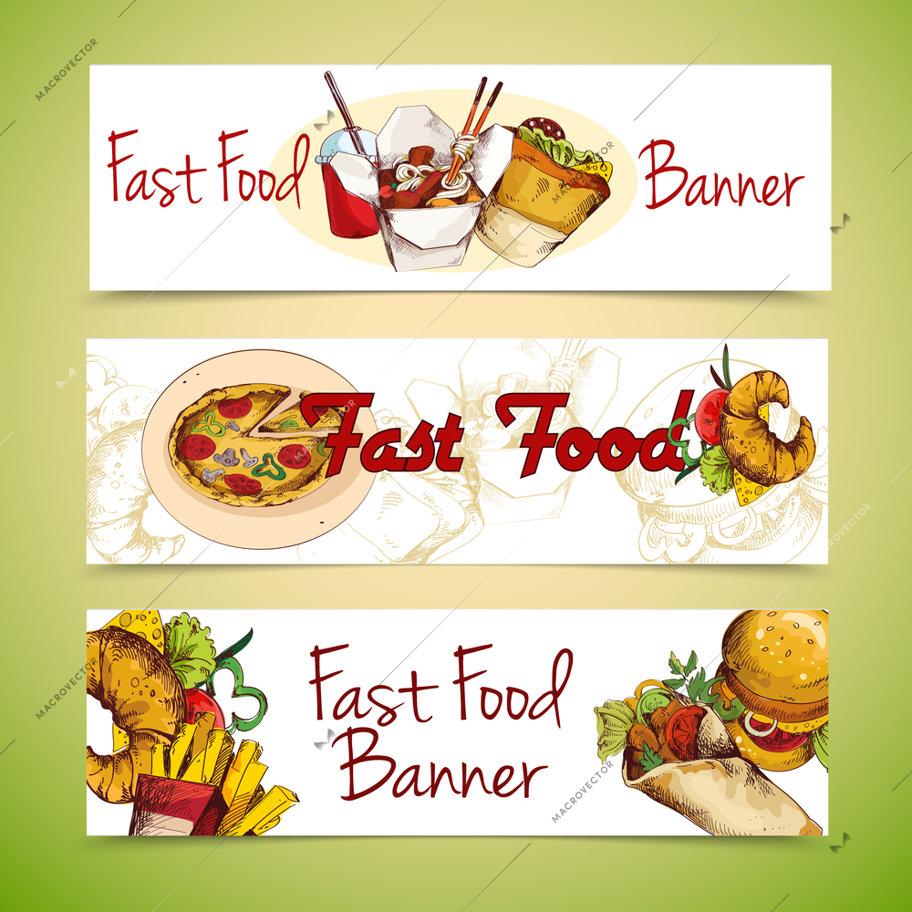 Fast food sketch horizontal banners set with french fries chicken sandwich isolated vector illustration