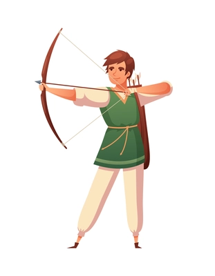 Medieval cartoon composition with isolated human character of male archer with arrows and bow vector illustration