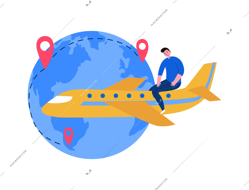 Tourism travel booking ticket composition with human character of tourist sitting on aircraft with earth globe vector illustration
