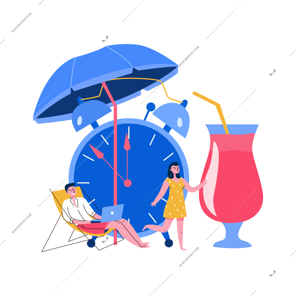 Tourism travel booking ticket composition with human characters of tourists cocktail lounge chair and alarm clock vector illustration