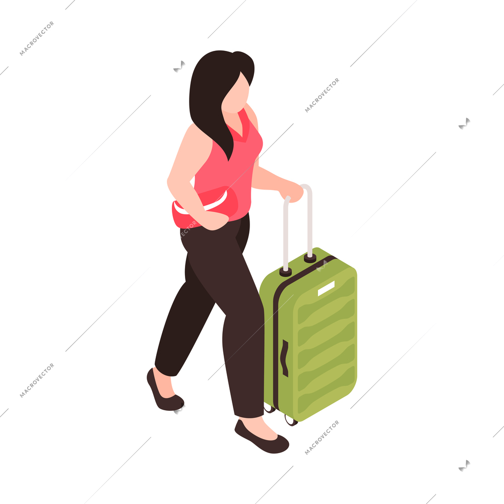 Isometric railway station train composition with isolated human character of female passenger with suitcase vector illustration