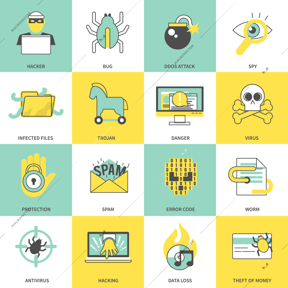 Hacker flat line icons set with bug ddos attack spy infected files isolated vector illustration