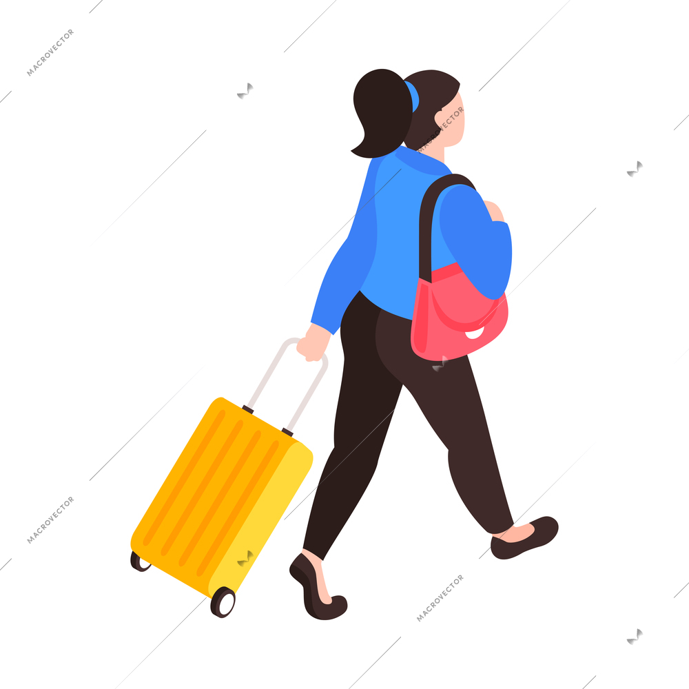 Isometric railway station train composition with isolated character of walking woman with bag and suitcase vector illustration