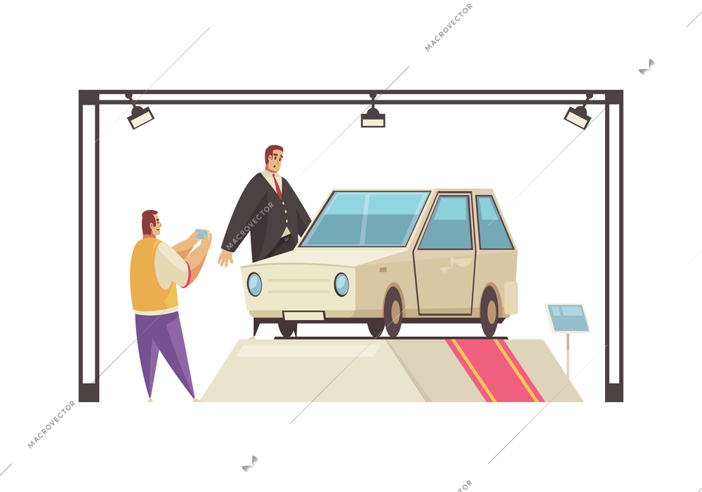 Expo stand trade show exhibition composition with view of car standing on podium with human characters vector illustration