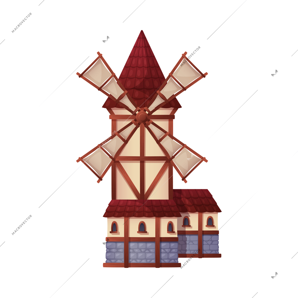 Medieval cartoon composition with isolated image of windmill building with tower and barns on blank background vector illustration