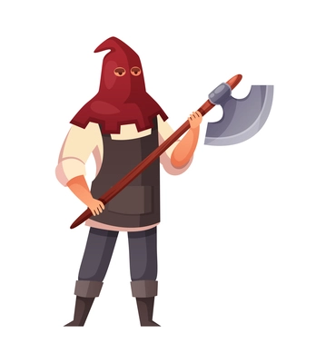 Medieval cartoon composition with isolated human character of masked executioner holding axe on blank background vector illustration
