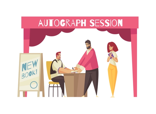 Expo stand trade show exhibition composition with view of famous writer giving autographs to visitors vector illustration