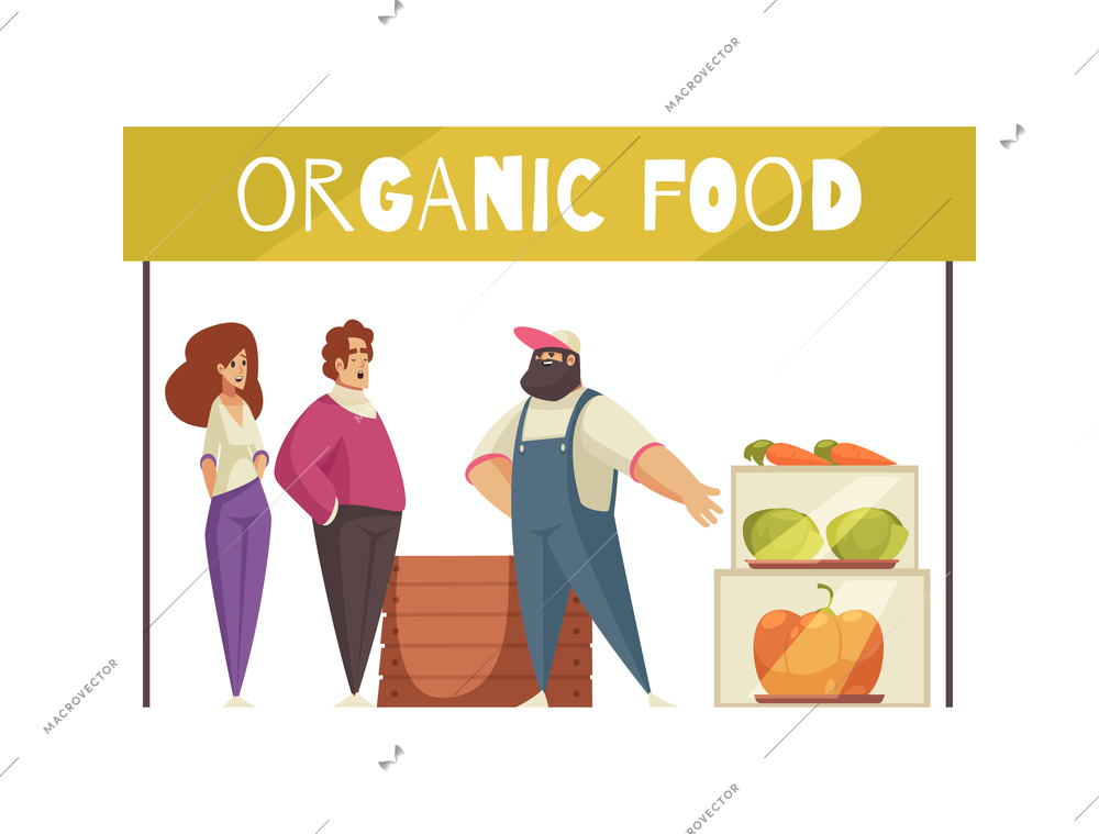 Expo stand trade show exhibition composition with character of farmer selling organic food to exhibition visitors vector illustration