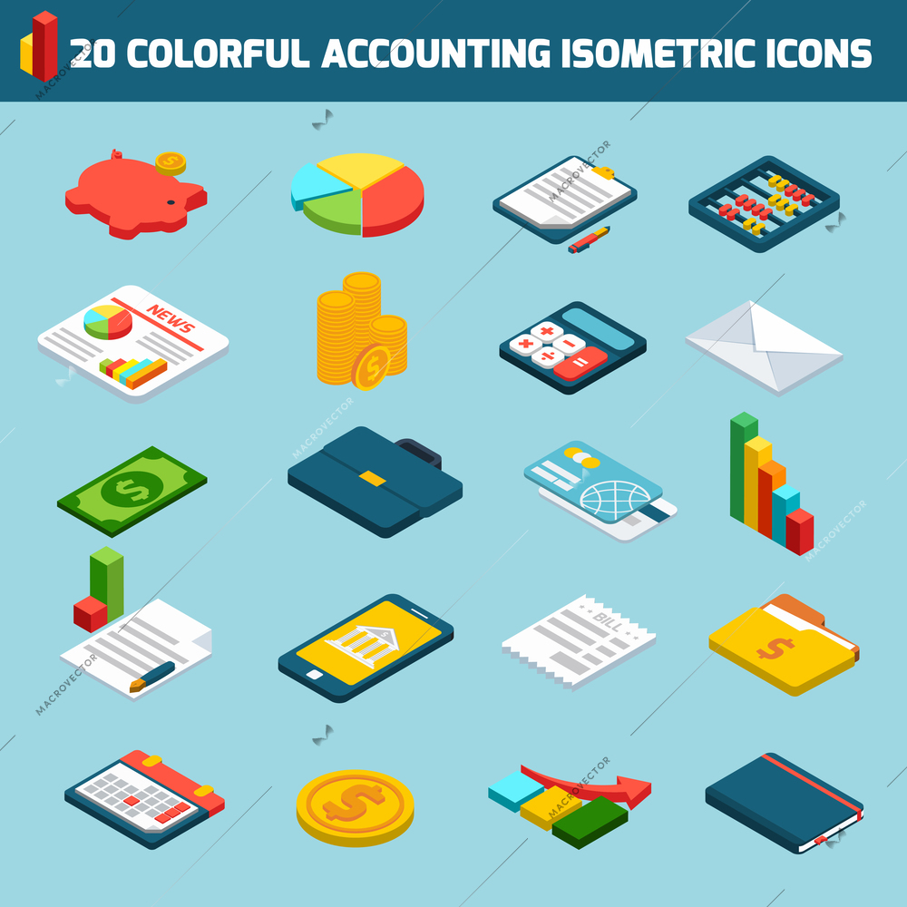 Accounting investments savings money exchange isometric icons set isolated vector illustration