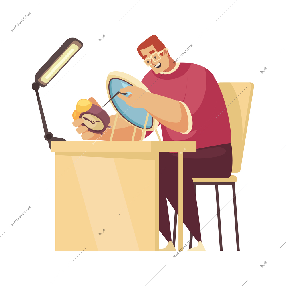 Craftsman composition with isolated view of watch repairer working at table with alarm clock vector illustration
