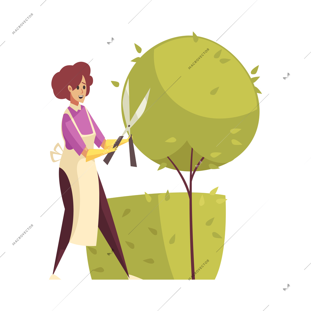 Craftsman composition with isolated female character of gardener trimming tree with big scissors vector illustration