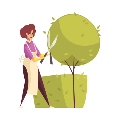 Craftsman composition with isolated female character of gardener trimming tree with big scissors vector illustration