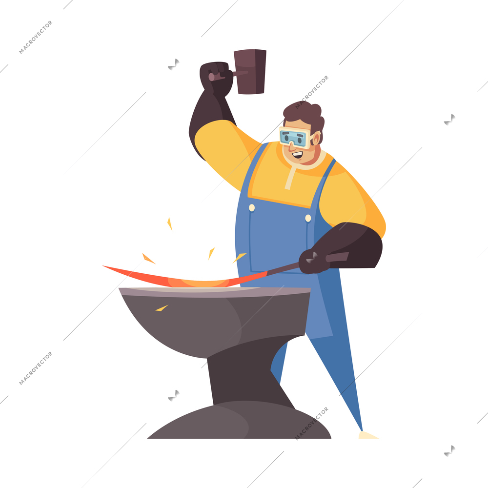 Craftsman composition with isolated male character of blacksmith with hammer and metalworks on blank background vector illustration