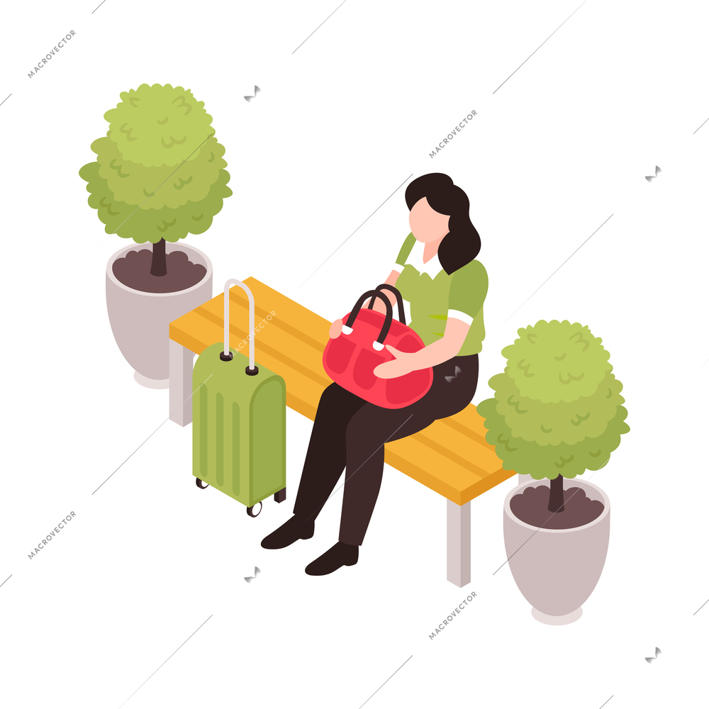 Isometric railway station train composition with isolated character of female passenger sitting on bench with suitcase vector illustration