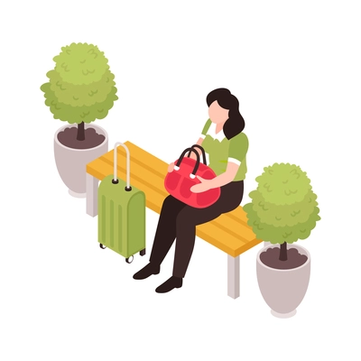 Isometric railway station train composition with isolated character of female passenger sitting on bench with suitcase vector illustration