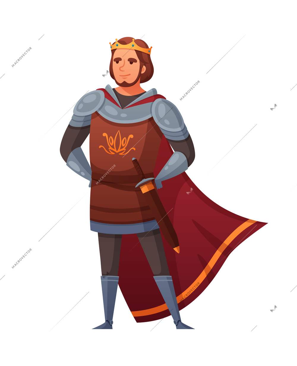 Medieval cartoon composition with isolated human character of male prince wearing royal robe with sword vector illustration