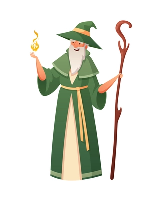 Medieval cartoon composition with isolated human character of bearded wizard with fire on palm vector illustration