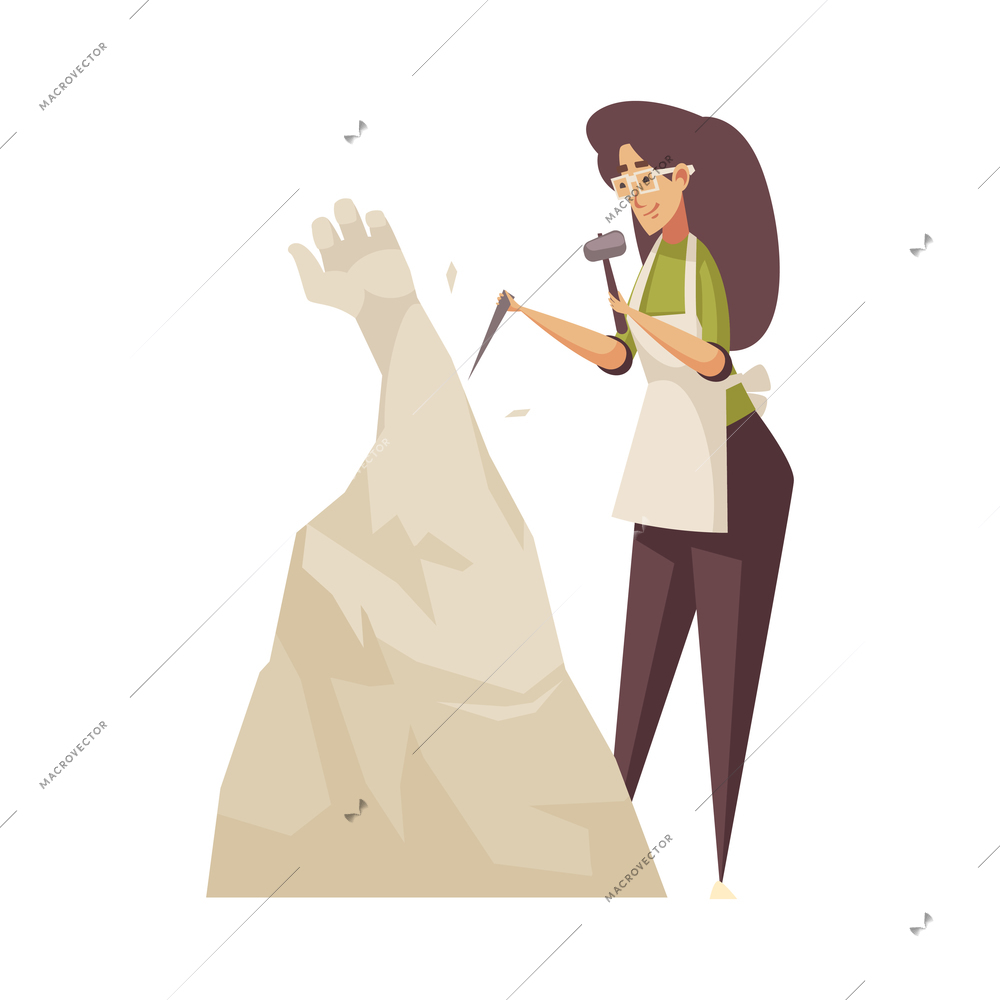 Craftsman composition with isolated female character of sculptor making sculpture with hammer and chisel vector illustration