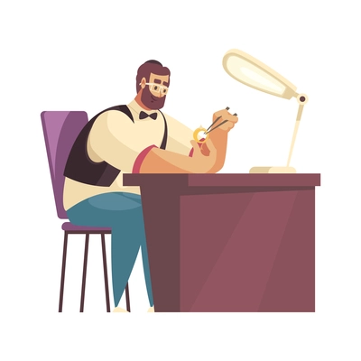 Craftsman composition with male character of jeweler sitting at working table with golden ring vector illustration