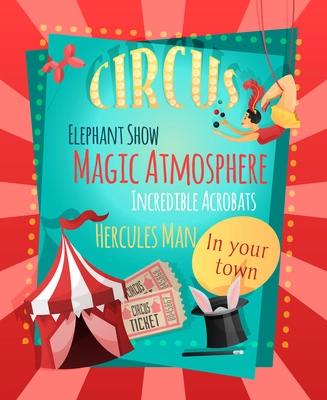 Circus retro poster with elephant show magic atmosphere incredible acrobats hercules man vector illustration