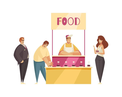 Expo stand trade show exhibition composition with view of food stall with visitors taking confectionery products vector illustration