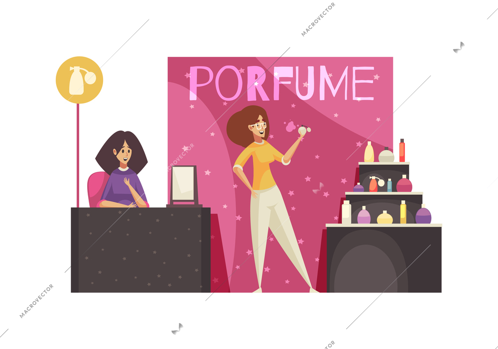 Expo stand trade show exhibition composition with view of cosmetic products on stands with female assistants vector illustration