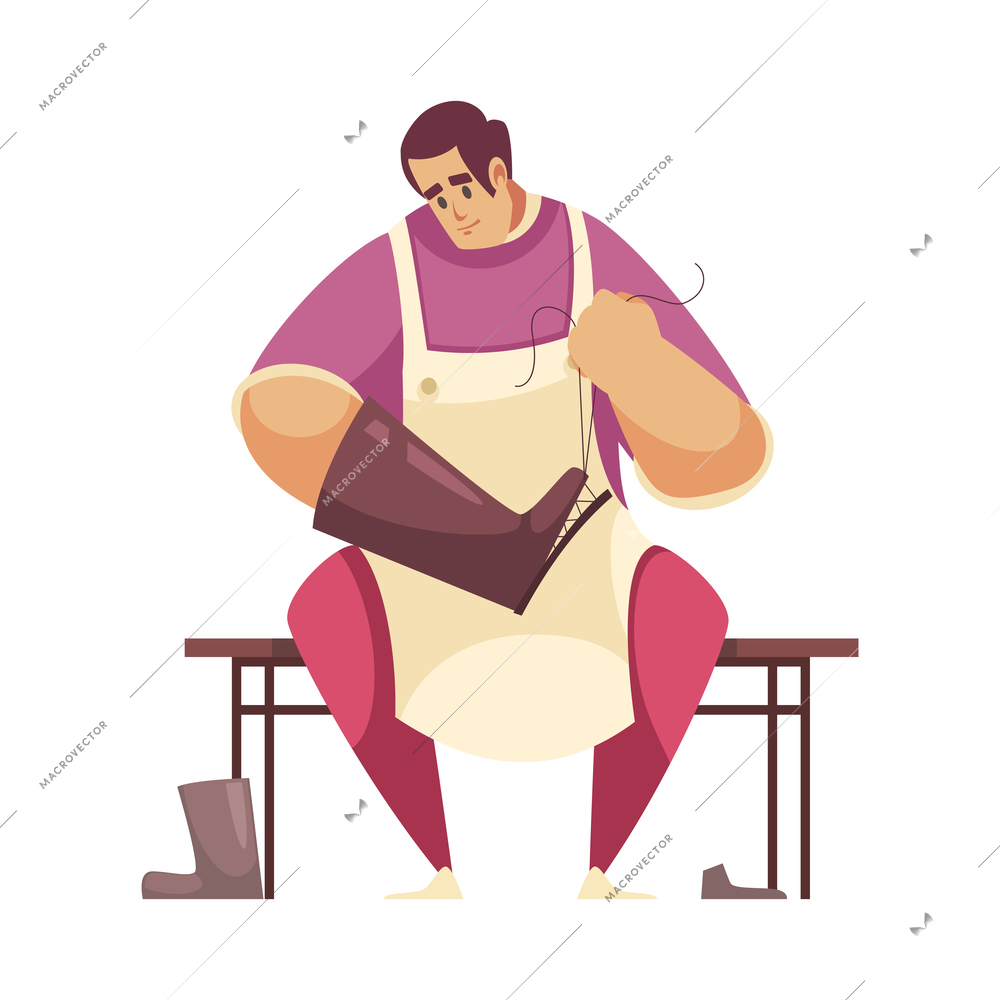 Craftsman composition with isolated view of shoe repairman sitting at bench sewing high boot vector illustration