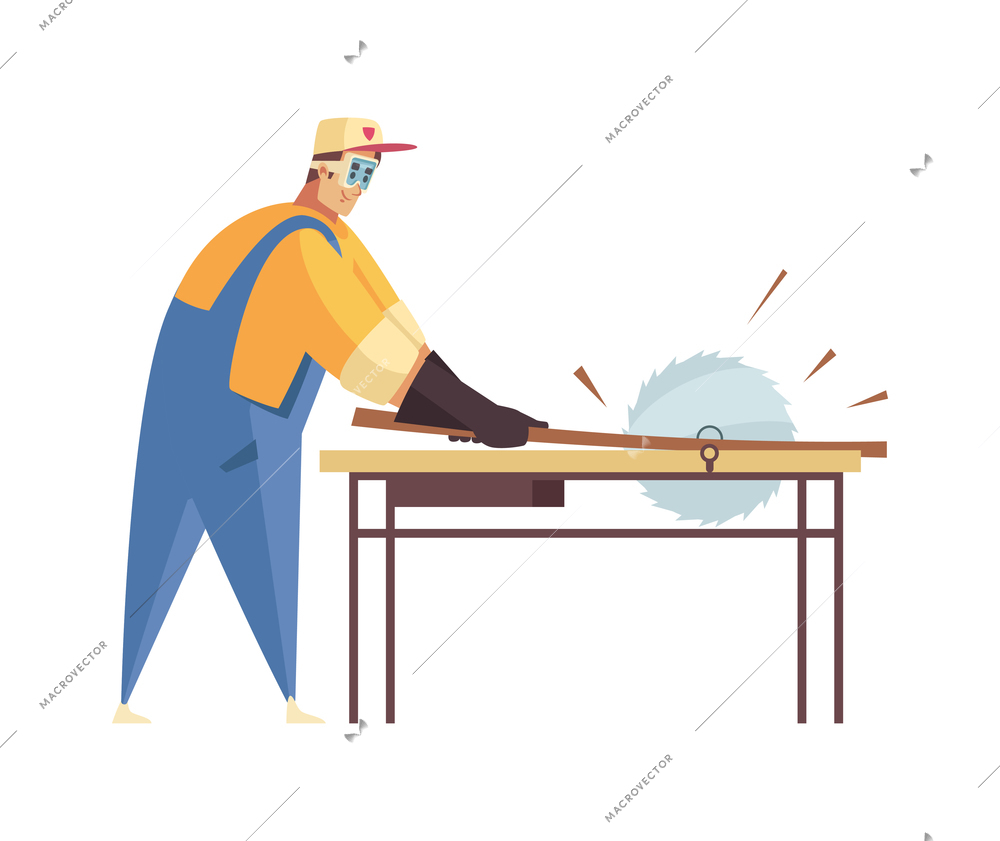 Craftsman composition with isolated view of male lumberjack sewing saw timber on desk vector illustration