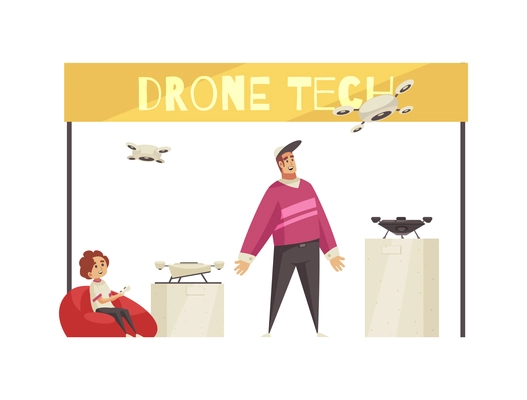 Expo stand trade show exhibition composition with view of stall with flying drones quadcopters on podiums vector illustration