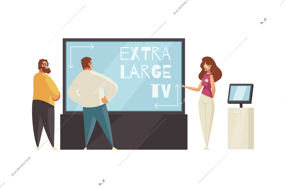 Expo stand trade show exhibition composition with female assistant advertising tv set to exhibition visitors vector illustration