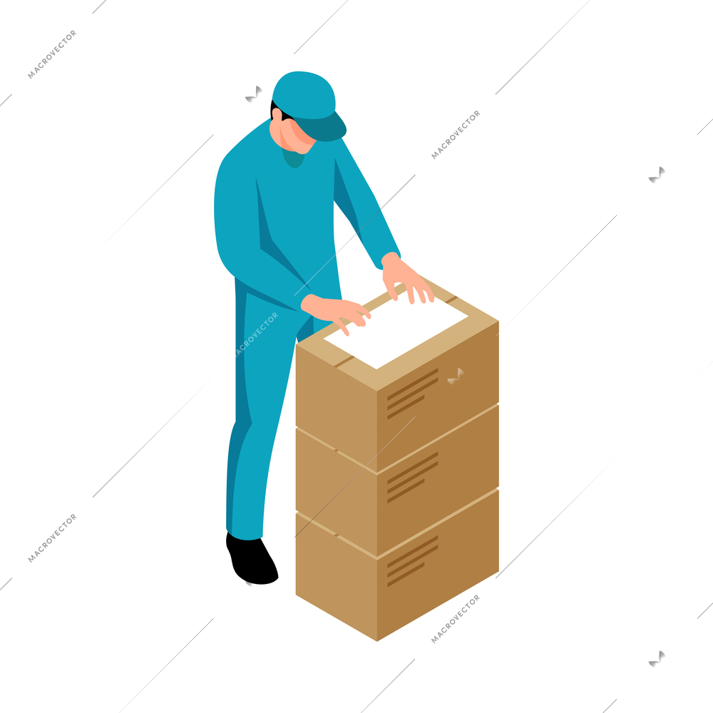 Isometric logistic delivery warehouse composition with isolated human character of receiving employee with stack of parcels vector illustration