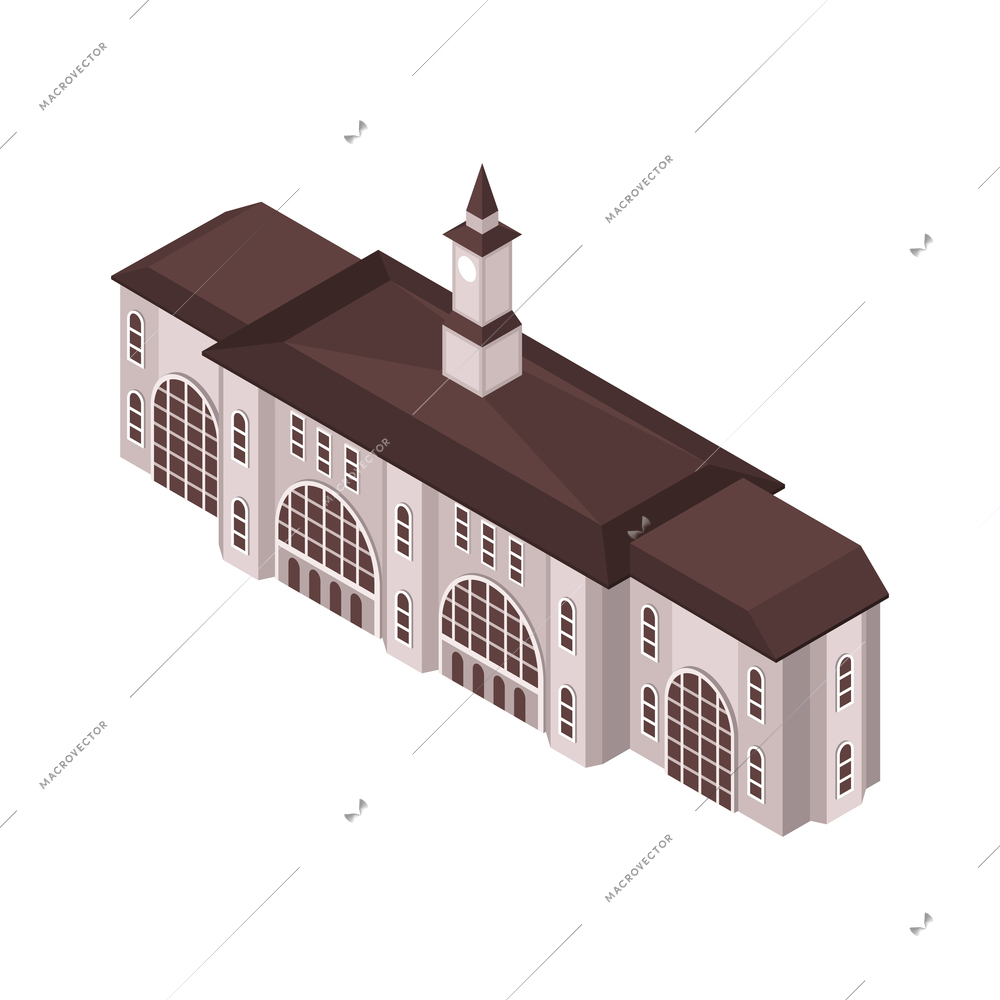 Isometric railway station train composition with isolated image of historic building of train station with tower vector illustration