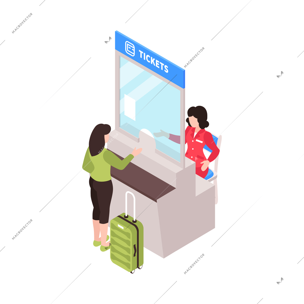 Isometric railway station train composition with isolated view of ticket office desk with worker and passenger vector illustration