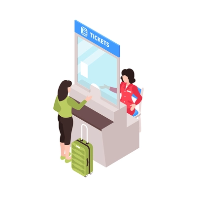 Isometric railway station train composition with isolated view of ticket office desk with worker and passenger vector illustration