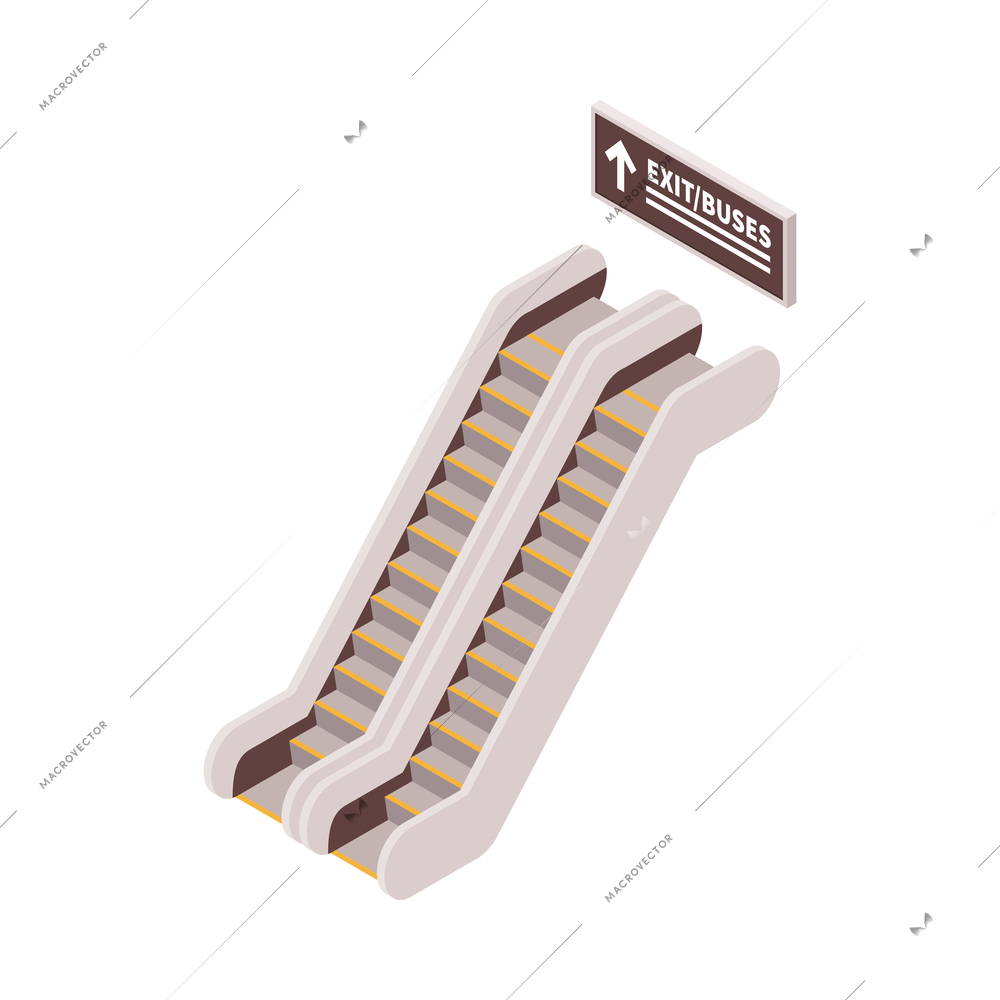 Isometric railway station train composition with isolated image of travelling staircase with navigation signboard vector illustration