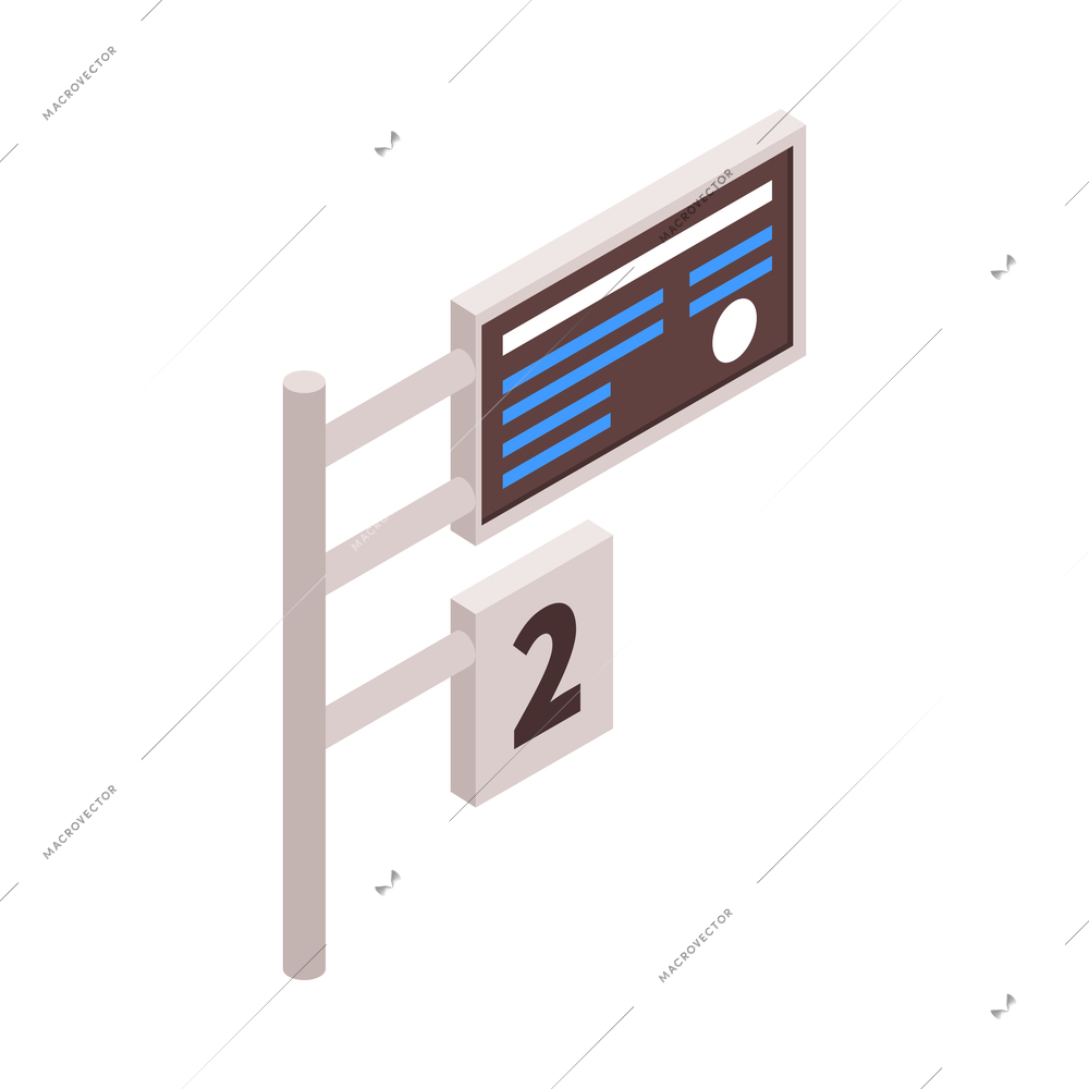 Isometric railway station train composition with isolated image of electronic arrival board with platform number sign vector illustration