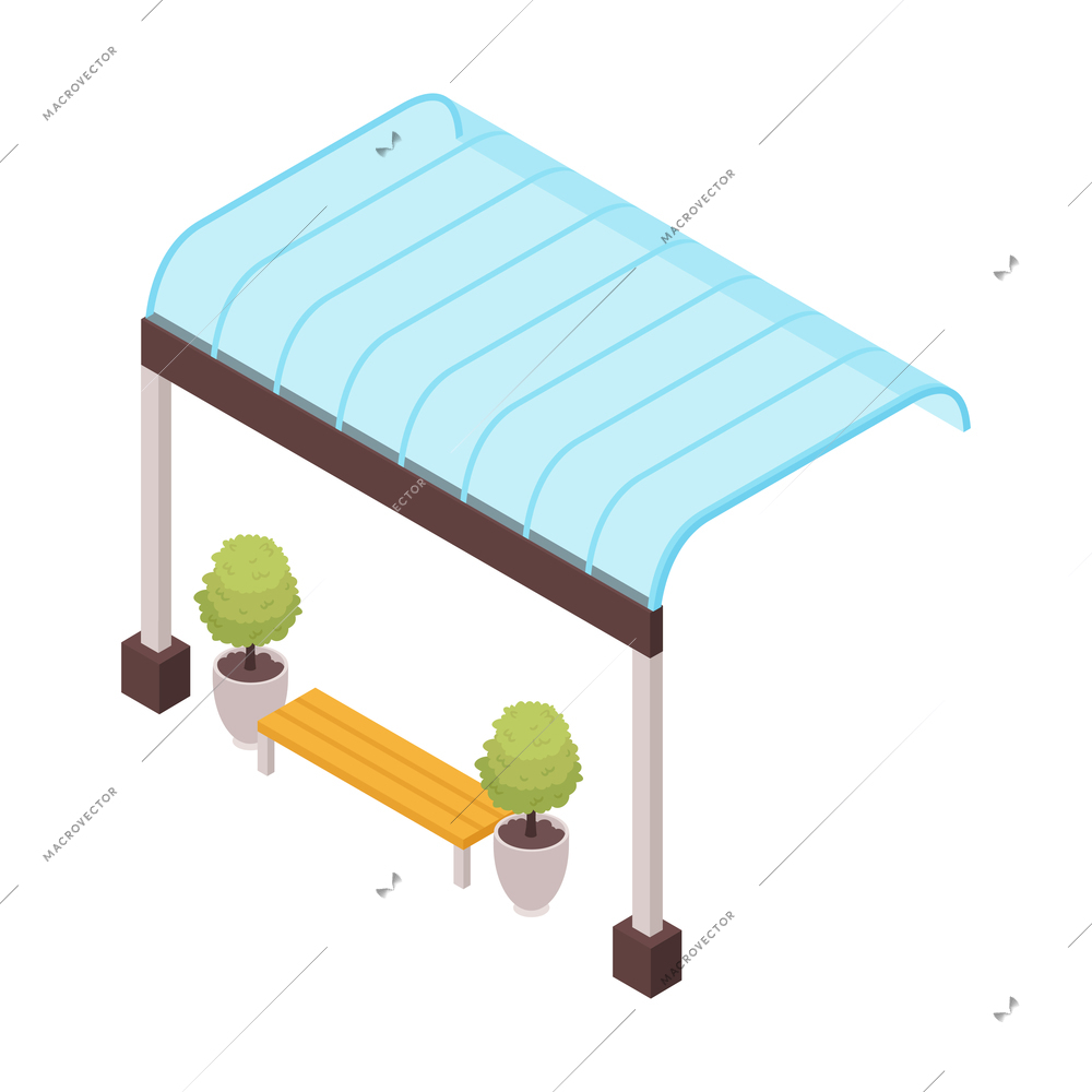 Isometric railway station train composition with isolated image of rain shelter with bench on blank background vector illustration