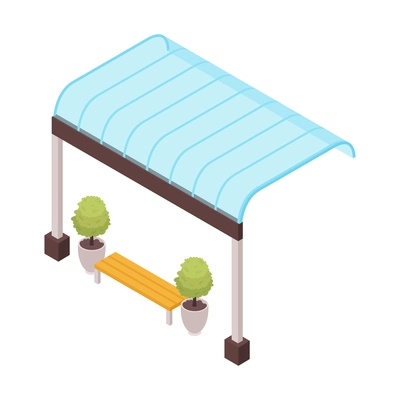 Isometric railway station train composition with isolated image of rain shelter with bench on blank background vector illustration