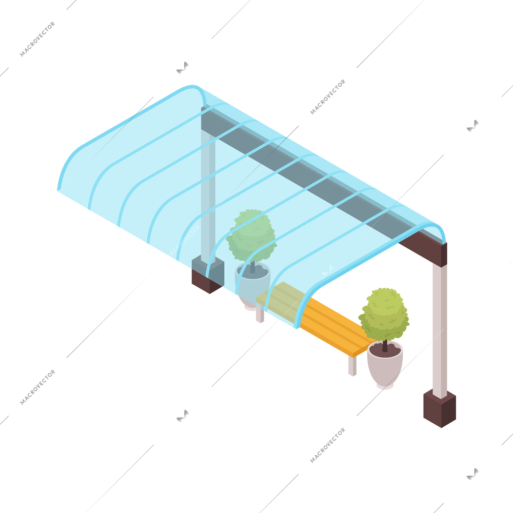 Isometric railway station train composition with isolated image of platform shelter with bench on blank background vector illustration