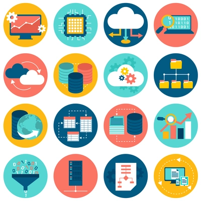 Data analysis database network technology settings icons flat set isolated vector illustration