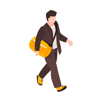 Isometric railway station train composition with isolated human character of male passenger carrying bag on shoulder vector illustration
