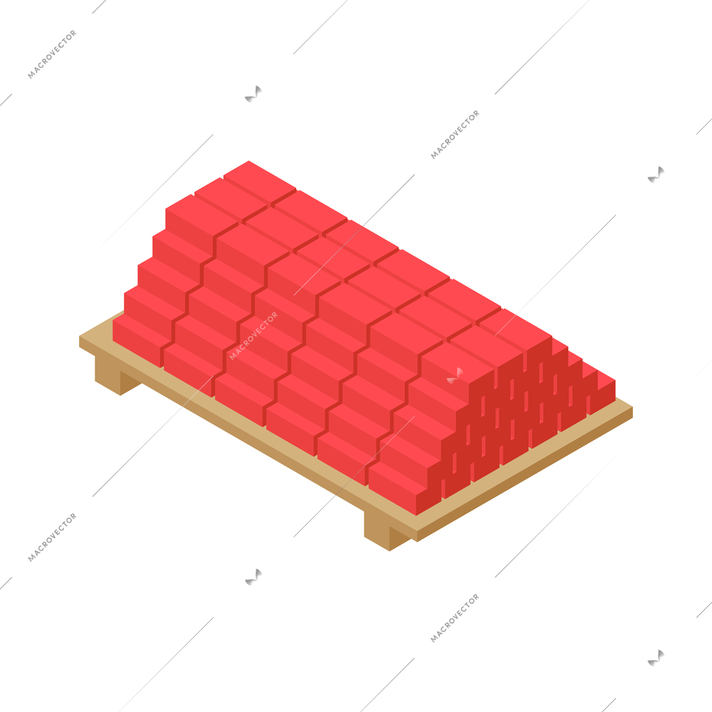 Isometric logistic delivery warehouse composition with isolated image of red bricks pile on wooden pallet vector illustration