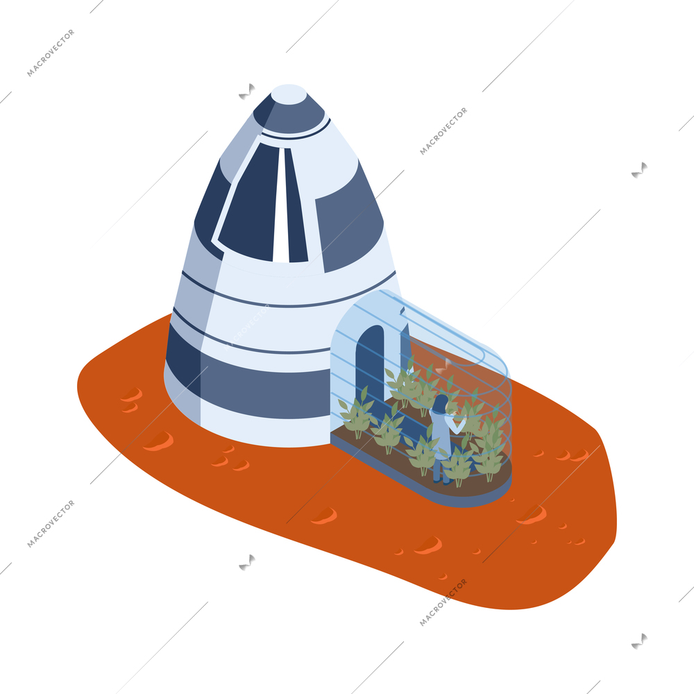 Isometric mars colonization composition with view of mars base module with hothouse and growing plants vector illustration