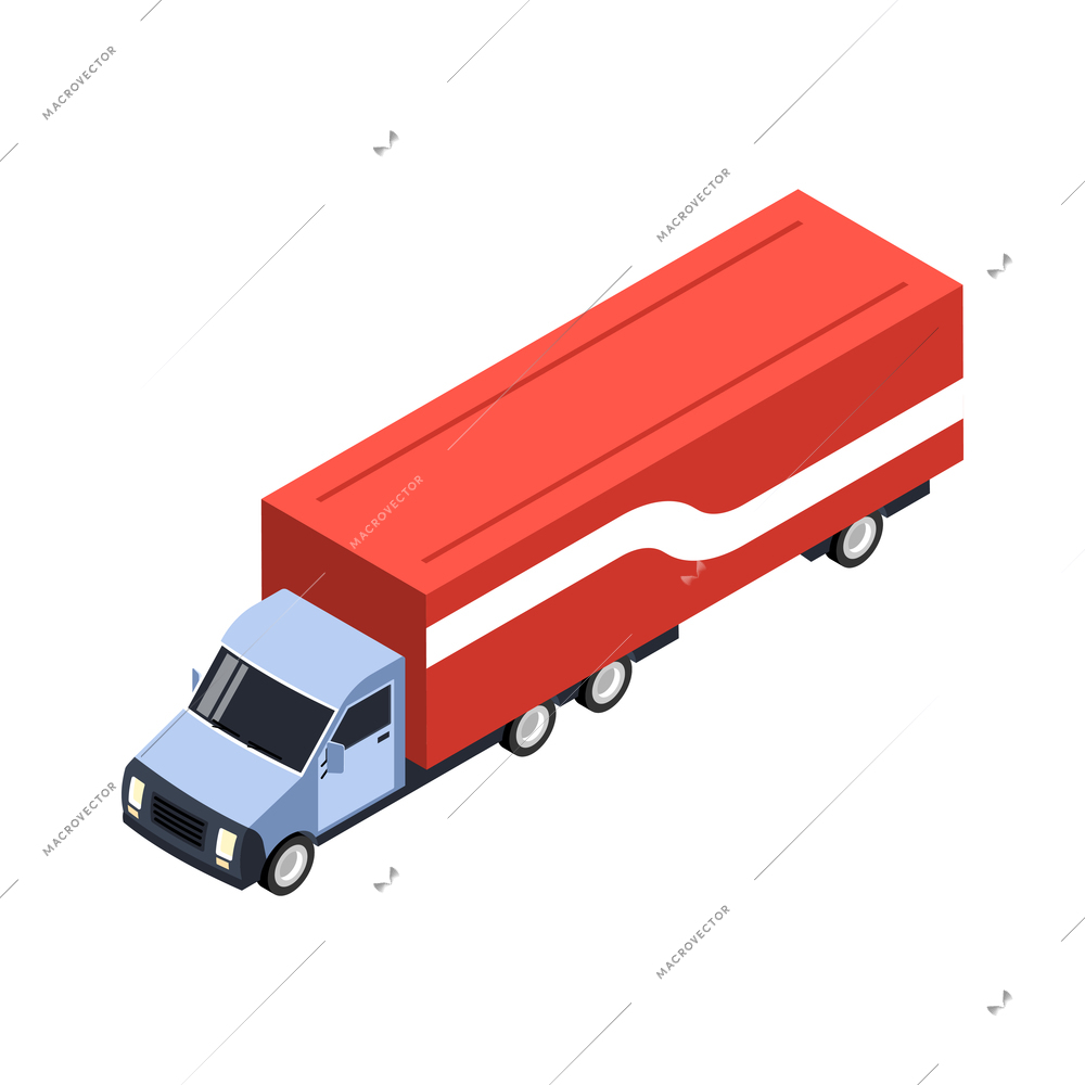 Isometric logistic delivery warehouse composition with isolated image of long cargo trailer truck on blank background vector illustration