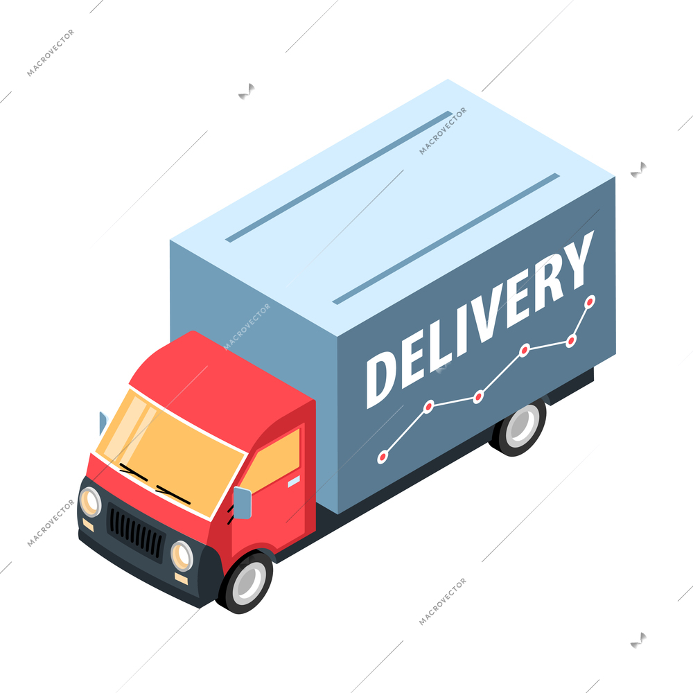 Isometric logistic delivery warehouse composition with isolated image of delivery truck on blank background vector illustration