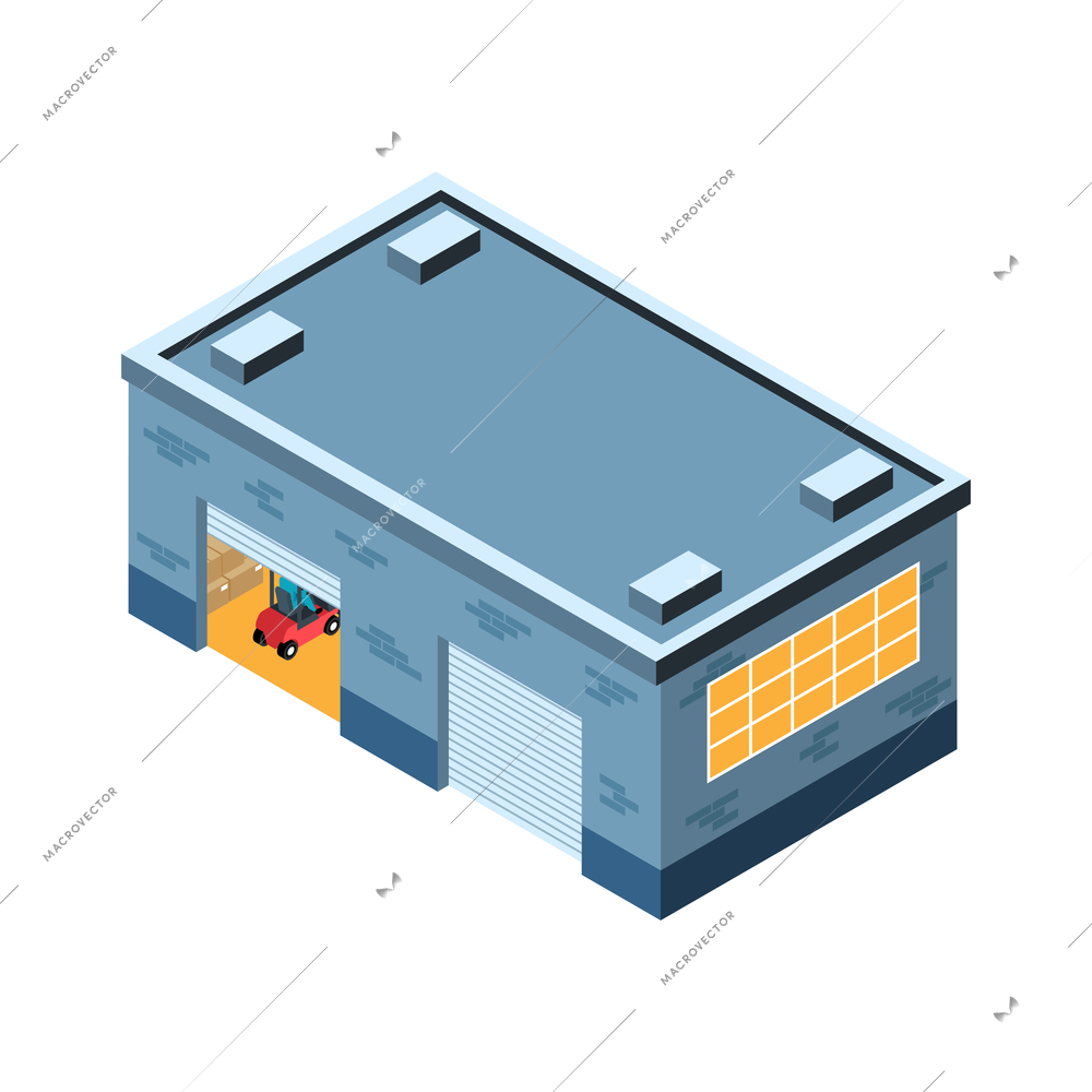 Isometric logistic delivery warehouse composition with isolated image of garage building with gates and forklift vector illustration