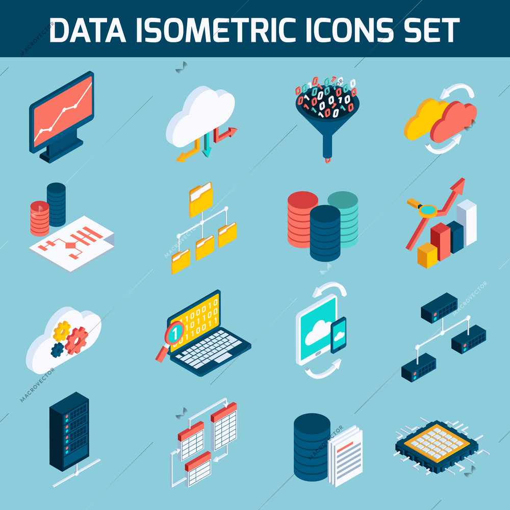 Data analysis digital analytics data processing icons isometric set isolated vector illustration