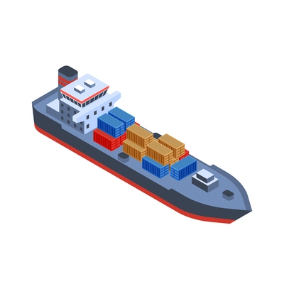 Isometric logistic delivery warehouse composition with isolated image of cargo ship on blank background vector illustration