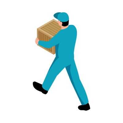 Isometric logistic delivery warehouse composition with isolated human character of worker carrying square box vector illustration