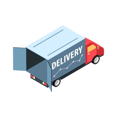 Isometric logistic delivery warehouse composition with isolated image of delivery truck with open doors vector illustration